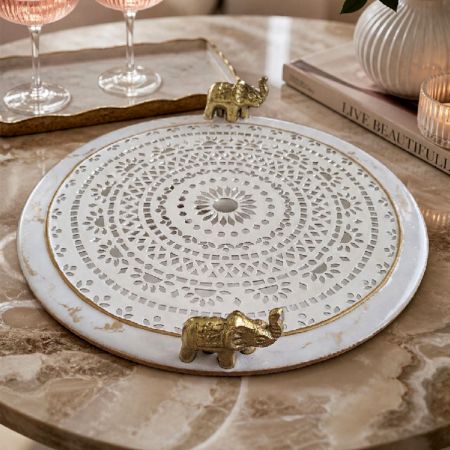 Handcrafted Mirror Mosaic Wooden Serving Tray with Coasters Set
